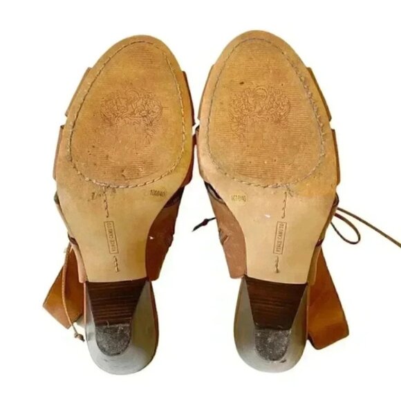 Vince Camuto Estie Leather Ankle Booties Peep Toe Heeled Lace Up Tan Brown 10 - Picture 12 of 14